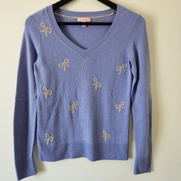 Chic Blue Sweater with Bow Lilly Pulitzer Ana Light Iris Gold Bow Sweater - Picture 2 of 4